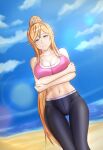 1girl alluring beach gym_pants nakiri_erina outside purple_eyes shokugeki_no_souma sports_bra strawberry_blonde_hair voluptuous