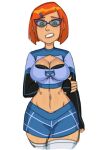 1girl arms_behind_back ben_10 ben_10:_omniverse big_breasts big_breasts boob_window bra bra_peek cartoon_network cleavage cleavage_cutout detached_sleeves donchibi glasses green_eyes gwen_tennyson hairclip hourglass_figure midriff red_hair skirt stockings toned_female wide_hips