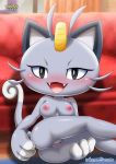 1girl alolan_meowth alolan_pokemon ass bbmbbf bedroom_eyes black_eyes blush breasts female_pokemon grey_fur looking_at_viewer meowth nintendo nude open_mouth palcomix pokemon pokemon_sm pokepornlive presenting_pussy pussy