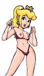  1girl bikini blush breasts female lingerie lowres mario_(series) nintendo nipples ponytail princess_peach simple_background sketch smile solo super_mario_bros. swimsuit undressing 