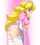 ass blonde_hair blue_eyes blush breasts brooch cum cum_on_ass cum_on_body cum_on_lower_body cum_on_panties dress dress_lift earrings elbow_gloves erect_nipples garter_belt gloves hentai jewelry konpeto lace lala-kun lingerie long_hair looking_back nintendo panties pink_dress princess_peach skirt skirt_lift solo stockings super_mario super_mario_bros. thighhighs underwear