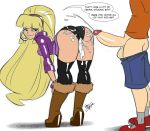 1boy 1girl aeolus after_sex ass bent_over biting_lip black_panties blonde_hair boots colored cum cum_drip cum_in_pussy cum_on_ass dipper_pines edit english_text erect_penis erection gravity_falls hairband leaning_forward long_hair looking_back pacifica_northwest panties platform_footwear shorts shorts_down speech_bubble stockings wedge_heels