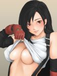 big_breasts black_hair blush breasts brown_eyes cleavage final_fantasy final_fantasy_vii gloves gradient gradient_background hebameki highres looking_at_viewer shirt_lift smile solo square_enix tease teasing tifa_lockhart underboob