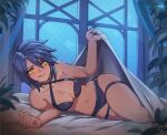 1girl alluring aqua_(kingdom_hearts) blue_hair difmanm kingdom_hearts licking_lips lingerie lying_on_bed seductive sheet_pull yellow_eyes