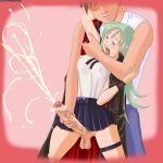 bite cum ejaculation erect_nipples erection futanari green_hair orgasm penis pink_background vampire