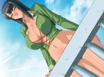 1girl big_breasts black_hair blush bottomless breasts brown_eyes censored cleavage convenient_censoring erect_nipple huge_breasts kagami kagami_hirotaka lace_up_front large_breasts navel nico_robin no_panties nude_illusion one_piece sky smile solo