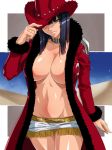  1girl big_breasts black_hair breasts brown_eyes cleavage collar cowboy_hat cowboy_shot fringe hair hat headgear huge_breasts jacket kagami_hirotaka miniskirt navel nico_robin no_bra one_piece open_clothes open_jacket open_shirt revealing_clothes shirt short_hair skirt solo trench_coat western 