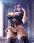 1girl 1girl alluring alternate_breast_size alternative_body_build artist_name big_breasts camilla_(fire_emblem) castle_interior casual_suit curvy female_focus fire_emblem fire_emblem_fates flowerxl gluteal_fold hand_on_hair hartman_hips horns nintendo panties purple_eyes purple_hair purple_lips purple_panties seductive_smile smile thick_thighs thighs thunder_thighs thunderthighs tiara underwear wide_hips