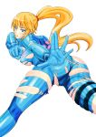 1girl ass clenched_hand from_behind jeibii metroid samus_aran solo torn_clothes zero_suit