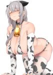 1girl big_breasts bikini blush breasts cow_bell cow_bikini cow_ears cow_horns cow_print first_person_view first_porn_of_character grey_hair karatakewari milf slutty_outfit swimsuit uzaki-chan_wa_asobitai! uzaki_tsuki