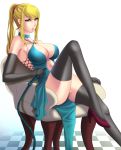 1girl big_breasts black_gloves black_legwear black_panties blonde_hair blue_dress breasts chair cleavage collar dress elbow_gloves gloves green_eyes high_heels high_res highres kuroma_(atapi) large_breasts leg_lift leg_up legs long_hair long_legs metroid navel o-ring_top open_mouth panties ponytail samus_aran shoes sitting solo thighhighs thighs underwear whip