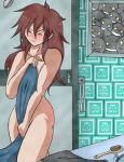 bc blush breasts brown_hair cover_up embarrassing long_brown_hair long_hair nude shower towel