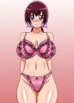 1girl adult big_breasts blush bra breasts curvy female garugoa gradient_background hair_ornament hair_ribbon hoshizora_ikuyo huge_breasts lace-trimmed_panties lace_bra lingerie long_hair mound_of_venus navel older panties pink_bra pink_eyes pink_panties ponytail precure pubic_hair purple_eyes purple_hair red_hair ribbon see-through simple_background smile smile_precure! solo standing thigh_gap thighs underwear