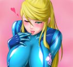 big_breasts blonde_hair blush breasts green_eyes heart hyoukai metroid nintendo samus_aran tongue wink zero_suit