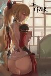 1girl 1girl 1girl ass backless_outfit blonde_hair bon_mushi book book_stack breasts chair desk granblue_fantasy high_resolution indoors long_hair looking_at_viewer looking_back nopan red_eyes red_skirt red_sleeves shirt sideboob skirt undressing very_long_hair vira_lilie white_shirt window