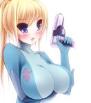  1girl blonde_hair blue_eyes blush bodysuit breast_hold breasts collarbone gun huge_breasts impossible_clothes large_breasts long_hair metroid morita morita_(moritania) open_mouth ponytail samus_aran skin_tight solo weapon zero_suit 