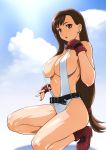 alluring ass bare_legs belt breasts brown_hair brunette cleavage earrings final_fantasy final_fantasy_vii fingerless_gloves gloves jewelry kneel kneeling leotard lipstick long_hair no_panties no_socks red_eyes shoes sideboob sling_bikini swimsuit tifa_lockhart ueyama_michirou white_leotard