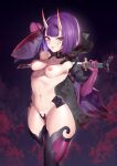 1girl 1girl blood bob_cut breasts choker clothing detached_sleeves fangs fate/grand_order fate_(series) gloves high_resolution horns jingb_dx katana latex latex_gloves makeup mascara medium_breasts nipples oni oni_horns partially_visible_vulva purple_eyes purple_hair sack short_hair shuten_douji_(fate) skin-covered_horns smile sword thick_thighs thighs weapon wide_hips