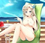 1girl big_breasts blonde_hair blue_eyes blue_panties boku_wa_tomodachi_ga_sukunai breasts butterfly chair cocktail covering_breasts female hair hair_ornament kashiwazaki_sena legs long_hair mizugi nice_legs ocean oppai outside panties sitting smile solo string_panties summer tazaki_hayato topless