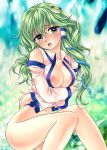 1girl bottomless breast_hold breasts detached_sleeves female frog_hair_ornament green_eyes green_hair hair_ornament hair_tubes highres kochiya_sanae long_hair multicolored_eyes navel nipples no_bra open_clothes open_mouth open_shirt shirt snake solo tears touhou yellow_eyes yukarigawa_yumiya