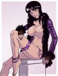 1girl big_breasts black_hair blue_eyes bottomless breasts coat covering fingerless_gloves ganassa hair huge_breasts key keys leg_lift naughty_face nico_robin nipples no_bra no_panties one_piece open_clothes rings short_hair sitting smile solo topless