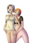 2girls alluring blue_hair bottomless breasts jinpl jinpl_(artist) naked_from_the_waist_down nami nami_(one_piece) nojiko one_piece orange_hair pussy shaved_pussy silf sisters