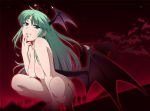 bat bat_wings breasts capcom darkstalkers demon_girl gradient gradient_background green_eyes green_hair hanging_breasts hayashi_custom hayashi_kasutamu head_wings long_hair low_wings morrigan_aensland naughty_face nipples nude smile solo squatting succubus too_many too_many_bats vampire_(game) wings