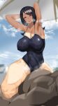 armpits beach blush closed_eyes dark-skinned_male fat_man girl_on_top hands_behind_head lana's_mother_(pokemon) male/female mature_female milf nipples nipples_visible_through_clothing pokemon smile steam sweat swimsuit takezumi_ero thick_thighs thighs umbrella