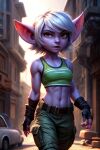  ai_generated cargo_pants fingerless_gloves league_of_legends purple_skin tanktop tristana white_hair 