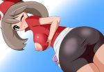 1girl ass big_breasts bike_shorts breasts brown_hair green_eyes halubato harubato haruka_(pokemon) hat large_breasts may nipple_cutout nipples pokemon solo tight tight_clothes torn_clothes