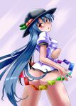 1girl ass blue_hair blush bottomless butt_crack female hat highres hinanawi_tenshi lilish long_hair open_mouth red_eyes solo touhou