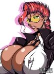 bash-inc between_breasts braid breasts capcom cleavage crimson_viper dark_skin earrings erect_nipples green_eyes huge_breasts jacket jewelry lipstick makeup neck_tie necktie open_clothes open_shirt red_hair shirt street_fighter street_fighter_iv sunglasses