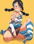 1girl ahoge bad_id black_hair bra braid breasts brown_eyes candice cleavage clothes_around_waist covering covering_crotch feet footwear gym_leader hair_held_back hair_ornament hairclip hun lingerie loose_socks multi-tied_hair nintendo no_panties panties panties_around_leg panties_around_one_leg pokemon pokemon_(game) pokemon_dppt pussy_juice sitting skirt skirt_tug socks solo stockings striped striped_bra striped_legwear striped_panties striped_socks suzuna_(pokemon) sweat sweater sweater_around_waist thighhighs twin_braids twin_tails twintails underwear wet