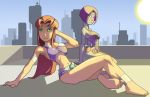 barefoot breasts cleavage dc dc_comics drunken-novice green_eyes koriand'r non-nude rachel_roth raven_(dc) red_hair starfire sunbathing swimsuit teen_titans underboob