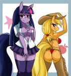 2012 anus applejack_(mlp) ass assless_chaps blonde_hair blush breasts cleavage clothing equine female friendship_is_magic green_eyes hair half-closed_eyes hat horn horse looking_at_viewer looking_back multicolored_hair my_little_pony pony ponytail purple_eyes purple_hair smile sssonic2 tail twilight_sparkle_(mlp) unicorn