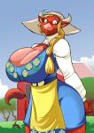 2012 big_breasts blonde_hair blue_eyes bovine braid breasts cleavage clothed clothing cow dress female hair horn house huge_breasts jaeh long_hair looking_at_viewer smile solo swedish tail_tuft tree wide_hips wood