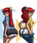 2_girls 2girls ass axel-rosered bespectacled clothed glasses jeans jeans_down johnny_test long_hair long_red_hair looking_back mary_test multiple_girls panties printed_panties red_hair redhead sisters skirt standing susan_test twins underwear upskirt