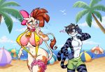 2012 beach bell big_breasts blush bovine bow breasts brown_hair cloud cow eltonpot eye_contact eyewear feline female green_eyes hair horn huge_breasts male mellany_mellons sea seaside skimpy sling_bikini sunglasses swimsuit tiger tree umbrella water wide_hips wink wood yellow_eyes