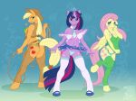 3girls anthro applejack ass assless_chaps blush bra breasts chaps cowboy_hat equine female female_only fluttershy friendship_is_magic hat hooves horn horse lace large_breasts lingerie looking_at_viewer magic miniskirt my_little_pony neck_tie pegasus pony pose school_uniform schoolgirl_uniform shy skimpy stockings tail twilight_sparkle tyelle_niko unicorn whip wings