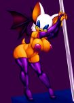 1girl 2012 ass bat big_ass breasts clothing color female female_only green_eyes huge_breasts large_breasts looking_back nipples nude plain_background pussy rouge_the_bat sega smile solo sonic_(series) stripper_pole thecon thighs wide_hips wings