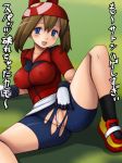 1girl bandanna bike_shorts blue_eyes blush brown_hair censored erect_nipples may_(pokemon) pointless_censoring pokemon pokemon_(anime) pokemon_(game) pokemon_rse pussy shorts solo torn_clothes translated tsumitani_daisuke vagina