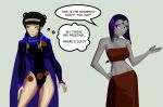  2_girls avatar:_the_last_airbender clothes_swap costume_swap costume_switch crossover dc_comics female_only mai_(avatar) morganagod raven_(dc) teen_titans text 