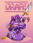  anthro big_breasts breasts cat clothed clothing eltonpot feline female grape grape_(eltonpot) hair huge_breasts hyper hyper_breasts kneel kneeling long_hair looking_at_viewer nipples polearm purple purple_hair solo spear tail torn_clothing weapon 