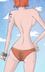 ass back backboob bare_arms bare_back bare_legs big_breasts blue_sky bracelet breasts butt_crack cloud cloudy_sky duskchant hand_on_hip head_out_of_frame jewelry large_breasts legs log_pose looking_away nami nami_(one_piece) one_piece orange_eyes orange_hair orange_panties panties short_hair sideboob sky solo standing straw_hat_pirates tattoo tattooed_arm thighs topless underwear