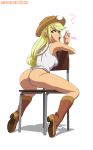 1girl applejack applejack_(mlp) ass boots female female_only friendship_is_magic green_eyes hat humanized lollipop long_hair my_little_pony panties partially_clothed rambon7 sitting solo