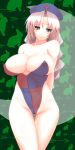 1girl areolae bad_id big_breasts braid breasts casual_one-piece_swimsuit eirin_yagokoro female green_eyes hat highleg highleg_swimsuit huge_breasts large_breasts long_hair one-piece_swimsuit silver_hair solo swimsuit touhou tro white_hair yagokoro_eirin