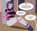  angry arms_tied_behind_back bennypaan bondage bound_ankles bound_legs dc_comics english_text gag gagged jinx leotard purple_eyes purple_hair rachel_roth raven_(dc) teen_titans 