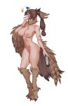 1girl bare_shoulders bird bird_wings book breasts brown_eyes brown_hair clavicle claws cleavage cutesexyrobutts debauchery_in_caelia_kingdoms facial_mark finger_to_mouth gradient hat high_resolution large_filesize light_bulb long_hair looking_up medium_breasts navel nipples owl paid_reward patreon_reward ponytail staff stockings tied_hair transparent_background very_high_resolution wings