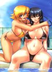  2girls artbook belly big_breasts bikini black_hair blonde blonde_hair blue_eyes blush breasts cleavage duplicate erect_nipples green_eyes hair highleg highleg_bikini highleg_swimsuit highres igawa_asagi igawa_sakura kagami kagami_(artist) long_hair midriff mizugi multiple_girls nuye oppai pool scan short_hair skin_tight swimming_pool swimsuit taimanin_(series) taimanin_asagi 