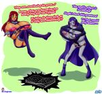 1girl 2_girls beengineer breast_expansion breasts clothing dc_comics dialogue english_dialogue female_only green_eyes grey_skin huge_breasts long_hair nipples raven_(dc) starfire teen_titans torn_clothes wardrobe_malfunction